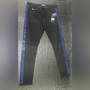 New Men's Barabas LA Crystal Rhinestone Greek Design Jeans Black/Royal Sz 34x32